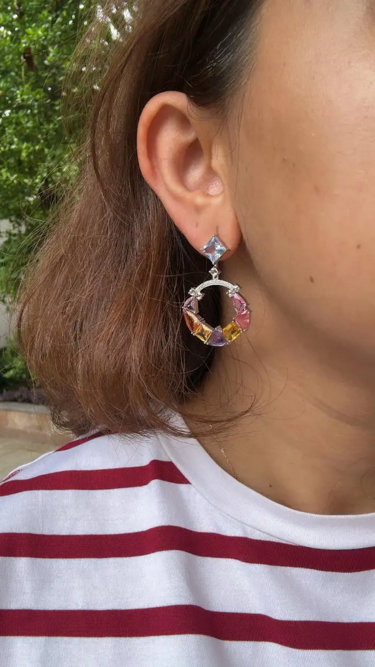 18k White Gold Diamond Earrings - Natural Ceylon Multi Sapphire Dangle Earrings