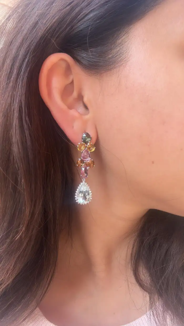 Natural Multi Sapphire & Pear Shape Aquamarine Gemstone Dangle Earrings - 18k White Gold Diamond Earrings
