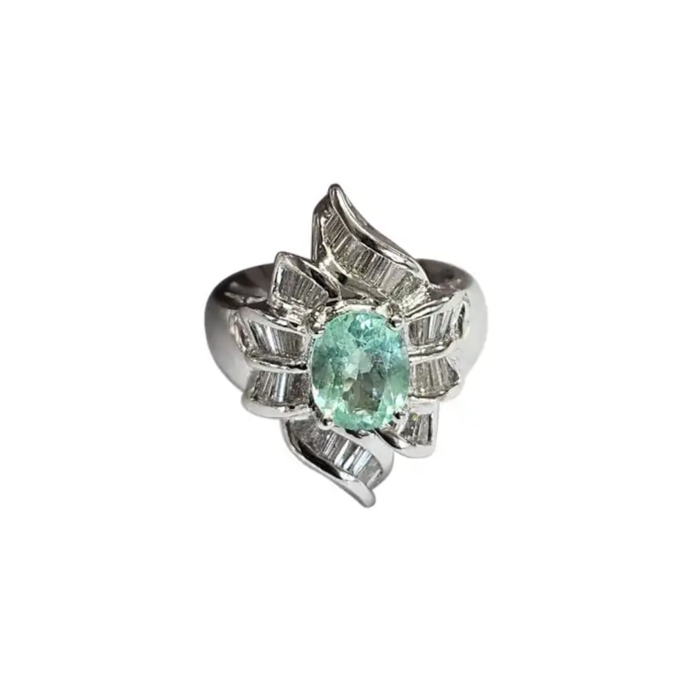 Platinum 900 Diamond Ring - Natural Paraiba Tourmaline Wedding Ring