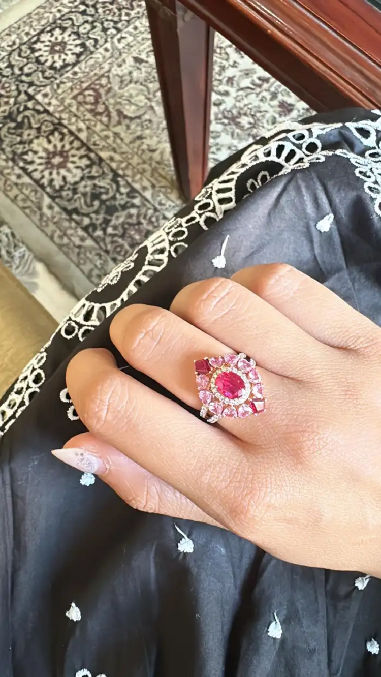18K Yellow Gold, natural Mozambique Ruby, Pink Sapphire & Diamonds Cocktail Ring