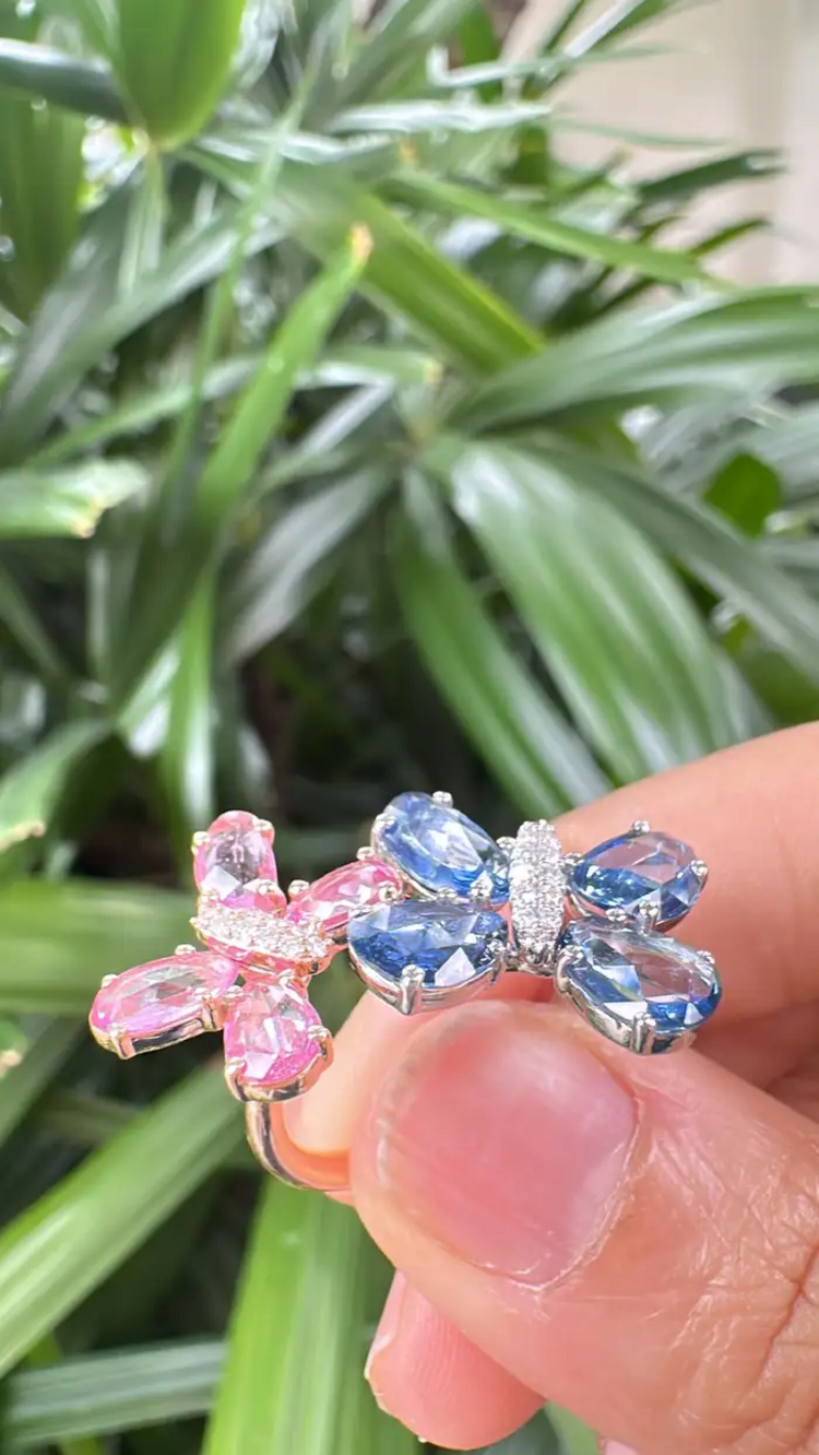 18k Gold Diamond Engagement Ring - Natural Ceylon Pink & Blue Sapphire Stackable Ring