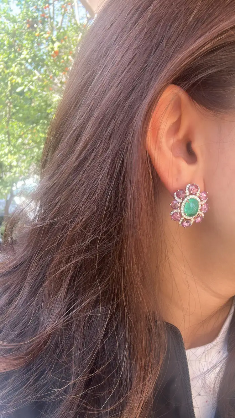 Natural Colombian Emerald & Pink Sapphire Stud Earrings - 18k Rose Gold Diamond Earrings
