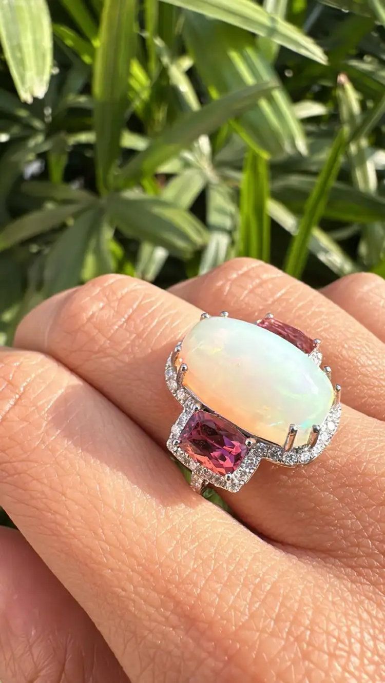 Natural Ethiopian Opal & Rubellite Statement Ring - 18k White Gold Diamond Women Ring