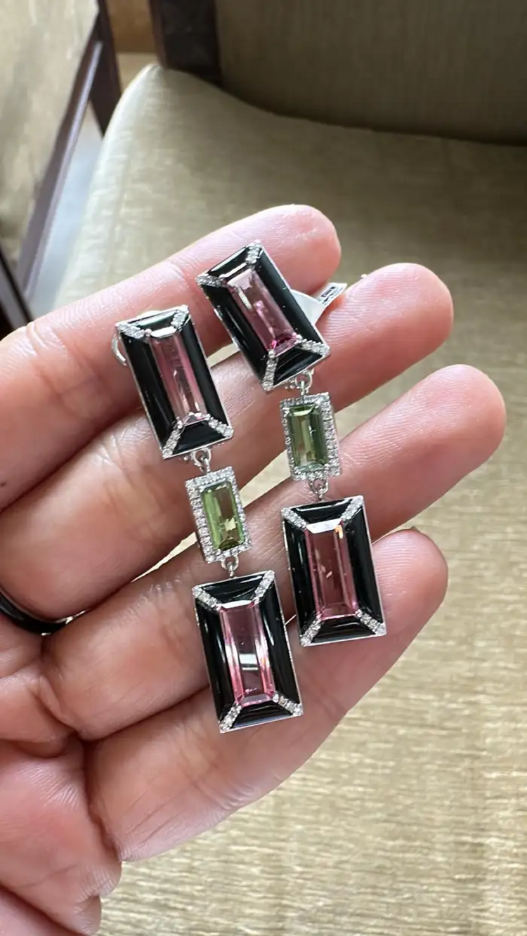 18k White Gold Diamond Dangle Earrings - Natural Tourmaline & Black Onyx Dangle Earrings