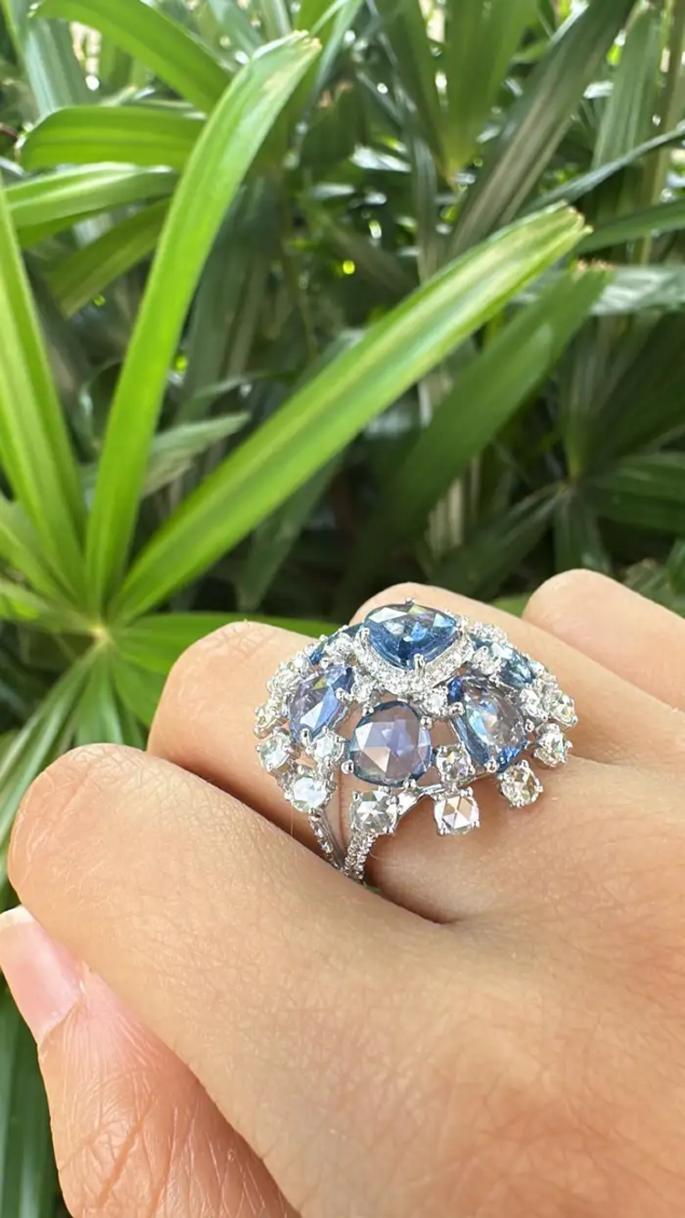 Natural Blue Sapphire & Rose Cut Diamonds Cocktail Ring - Handmade 18k White Gold Ring