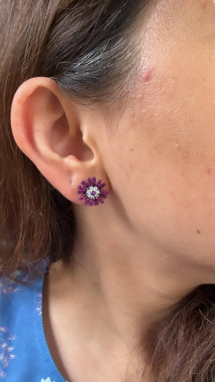 Natural Mozambique Ruby & Diamonds Stud Earrings - 18k Gold Purple Rhodium Tiny Stud Earrings