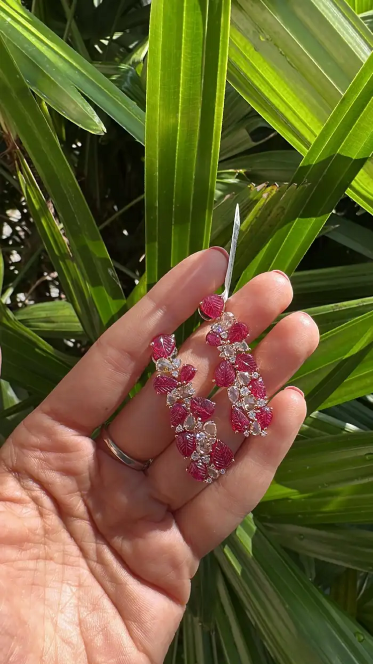 18k Rose Gold Mozambique Ruby Dangle Earrings - Natural Rose Cut Diamond Chandelier Earrings