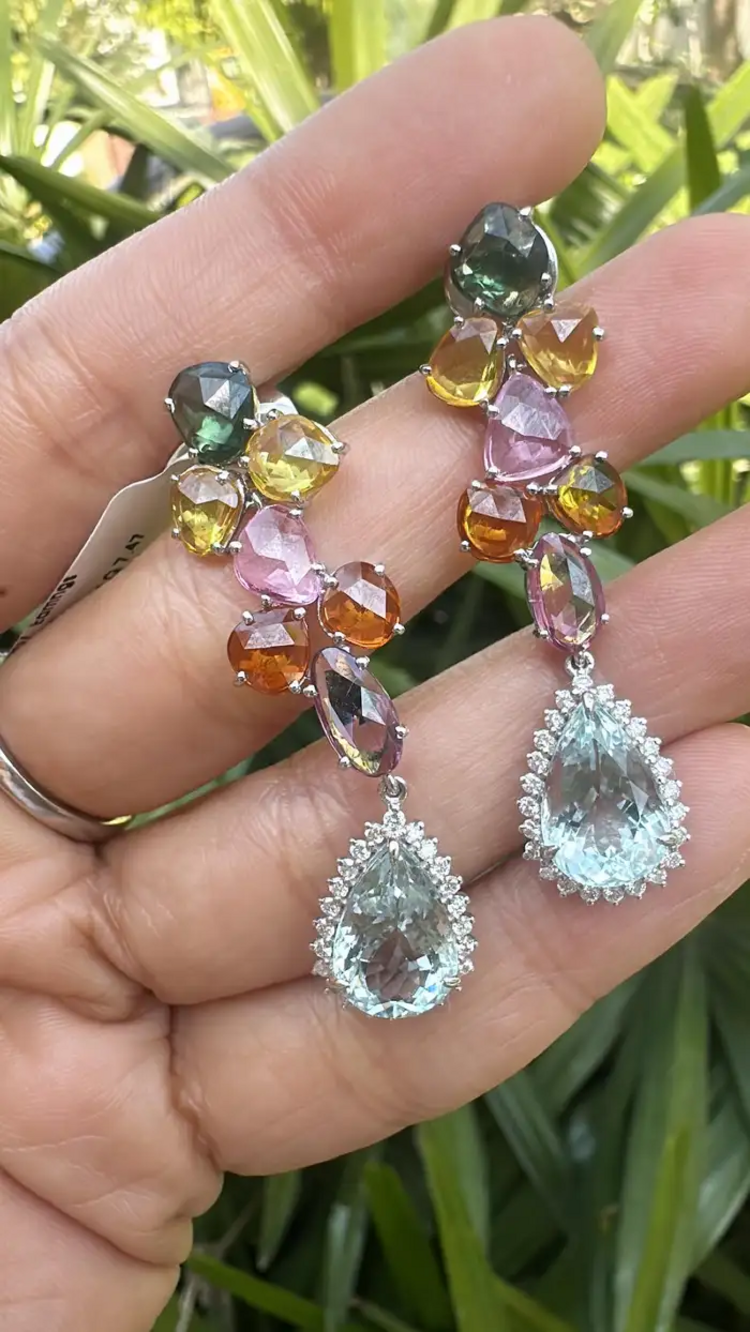 Natural Multi Sapphire & Pear Shape Aquamarine Gemstone Dangle Earrings - 18k White Gold Diamond Earrings