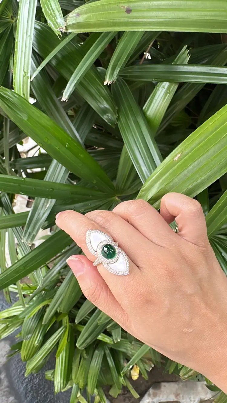 Natural Zambian Emerald & Mother Of Pearl Ring - 18k Yellow Gold Diamond Statement Ring