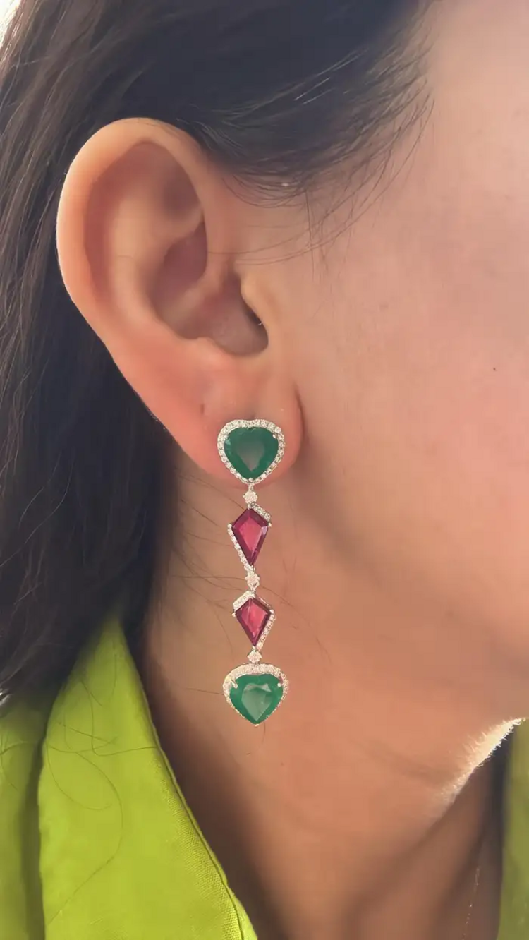 18k White Gold Diamond Chandelier Earrings - Heart Shape Zambian Emerald & Ruby Dangle Women Earrings
