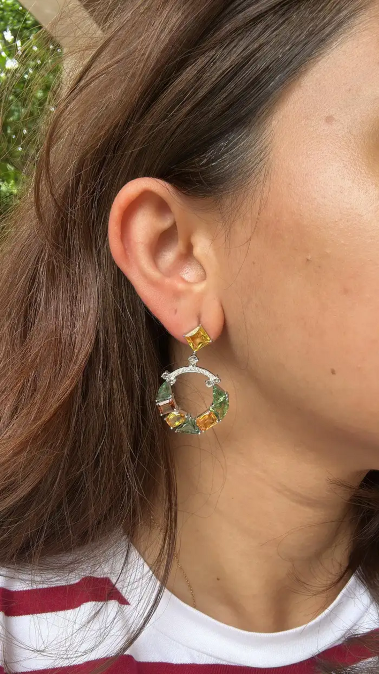 18k White Gold Diamond Earrings - Natural Ceylon Multi Sapphire Dangle Earrings