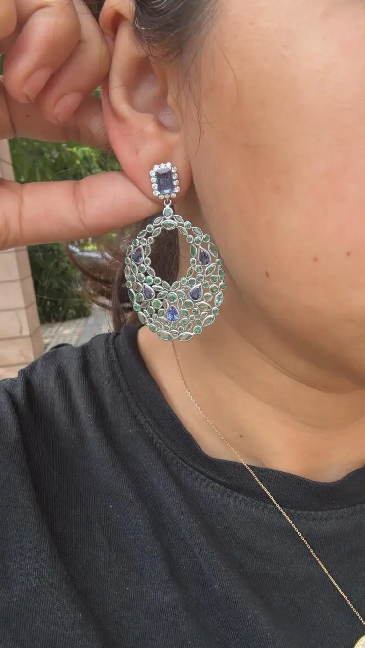 18k White Gold Diamond Art Deco Style Earrings - Natural Blue Sapphire & Zambian Emerald Dangle Earrings