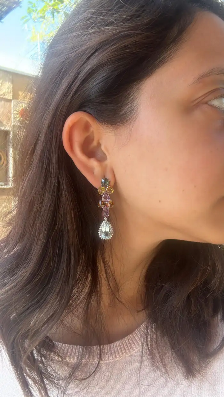 Natural Multi Sapphire & Pear Shape Aquamarine Gemstone Dangle Earrings - 18k White Gold Diamond Earrings