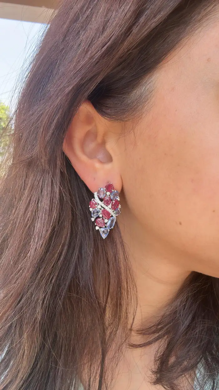 Natural Blue Sapphire & Diamond Earrings - 18k White Gold Carved Ruby Women Earrings