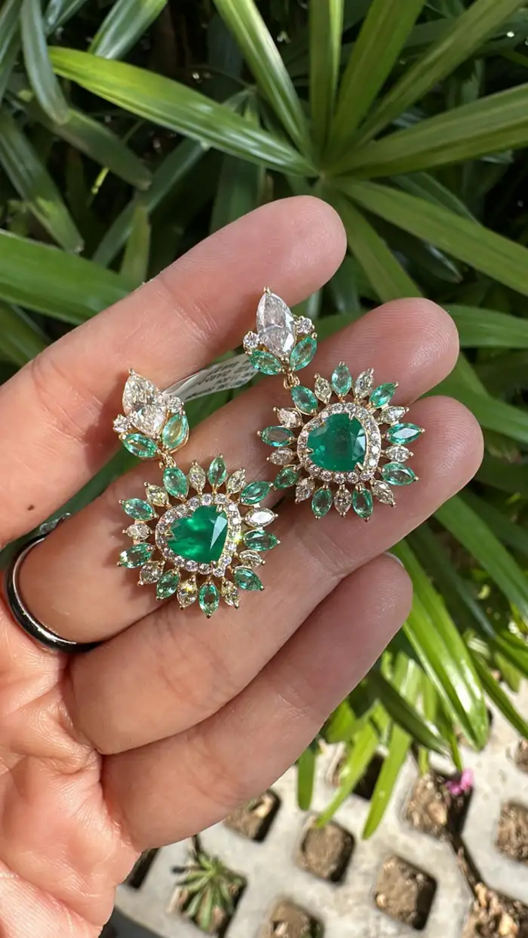 18k Yellow Gold Handmade Dangle Earrings - Natural Zambian Emerald & Yellow Diamond Women Earrings