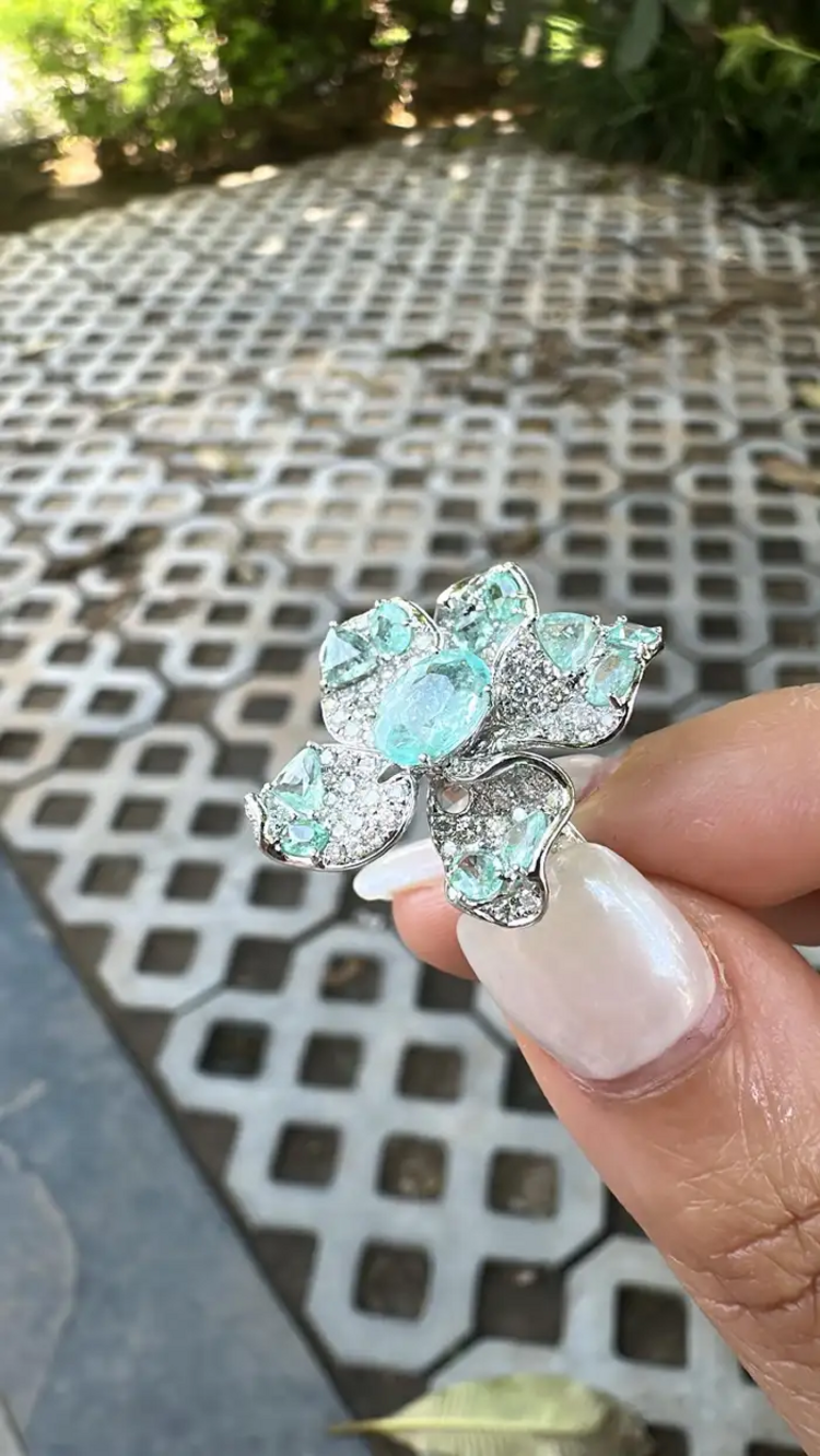 18k White Gold Diamond Cocktail Ring - Natural Paraiba Gemstone Wedding Ring