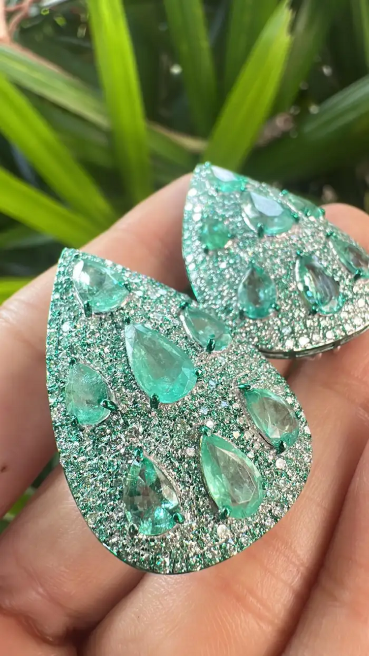 Natural Zambian Emerald & Diamond Pear Shape Earrings - 18k White Gold Earrings With Green Rhodium