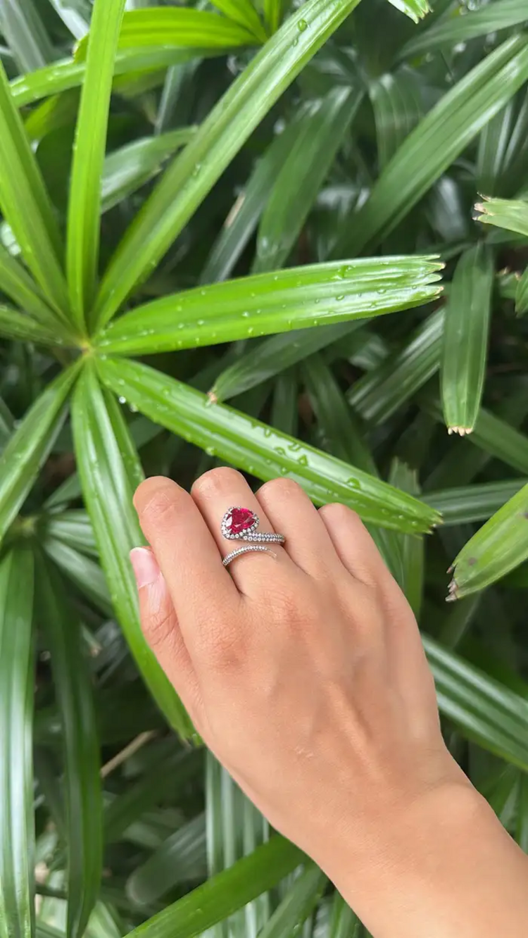 18k White Gold Diamond Ring - Natural Rubellite Gemstone Engagement Ring