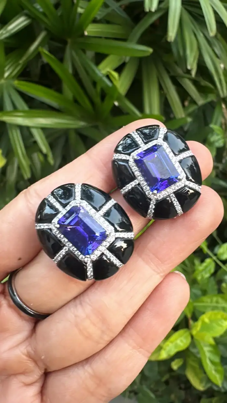 9.24 Ct. Natural Tanzanite Stud Earrings - 18k White Gold Handmade Earrings - Gold Diamond Women Earrings - Black Onyx Earrings