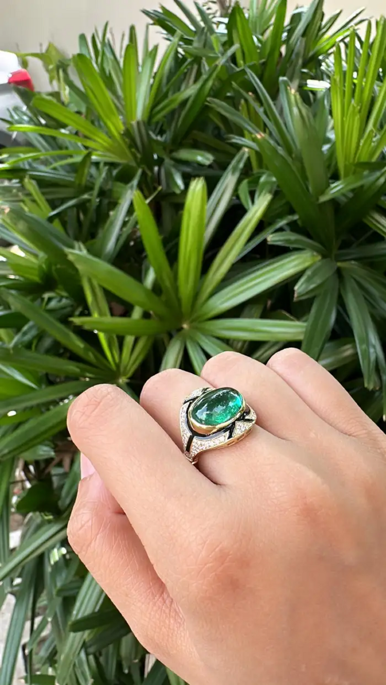 18k Yellow Gold Emerald & Diamond Art Deco Ring - Natural Zambian Emerald Women Jewelry