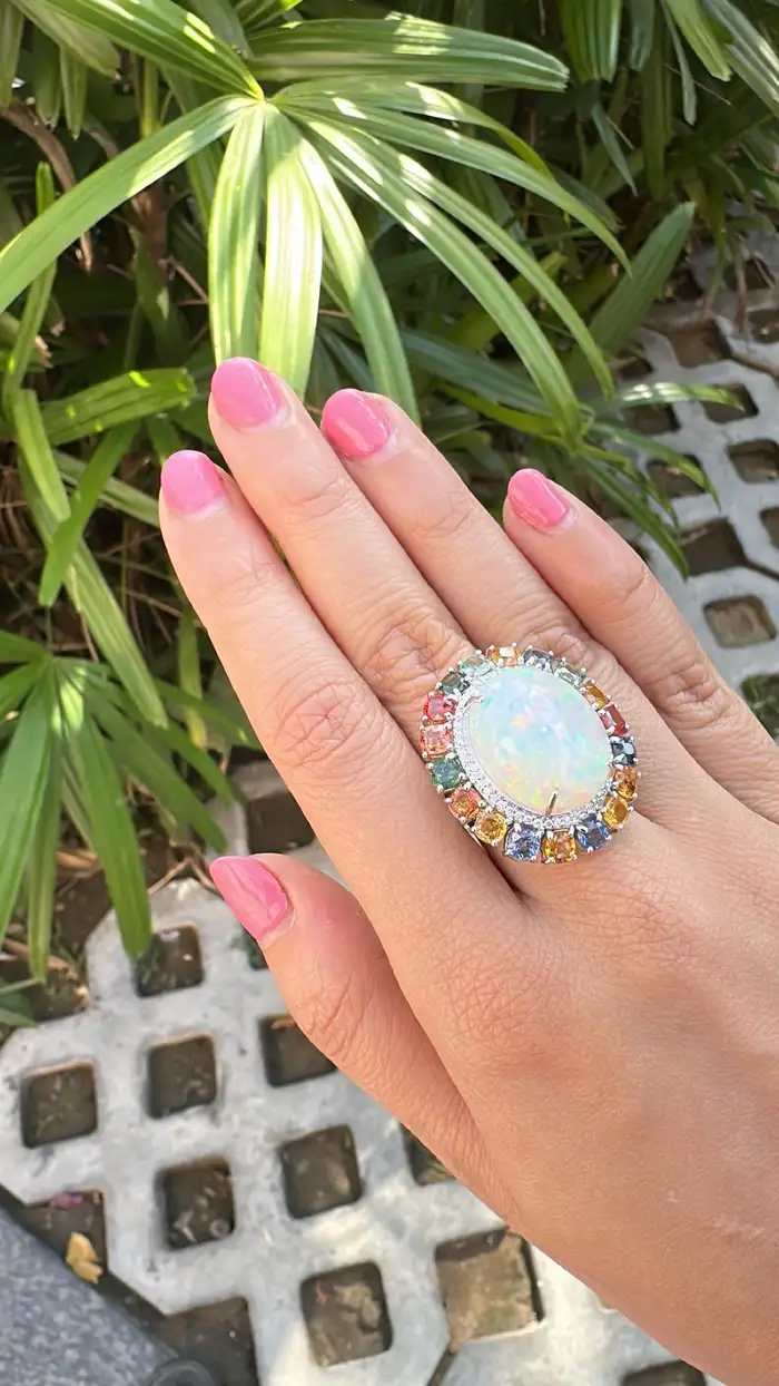 Natural Ethiopian Opal 18k White Gold Statement Ring - Ceylon Multi Sapphire & Diamond Wedding Ring