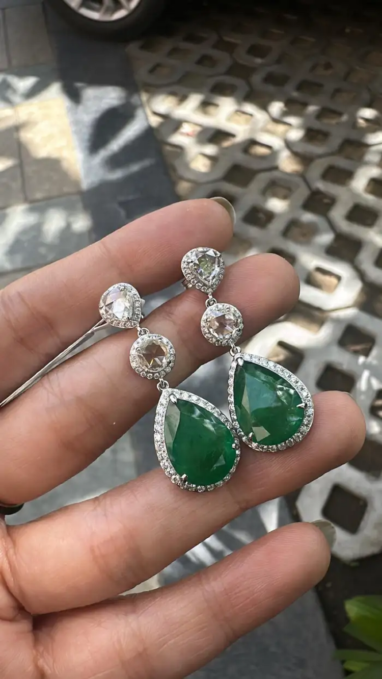 12.36 Ct. Natural Zambian Emerald Dangle Gold Earrings - 18k White Gold & Rose Cut Diamond Earrings