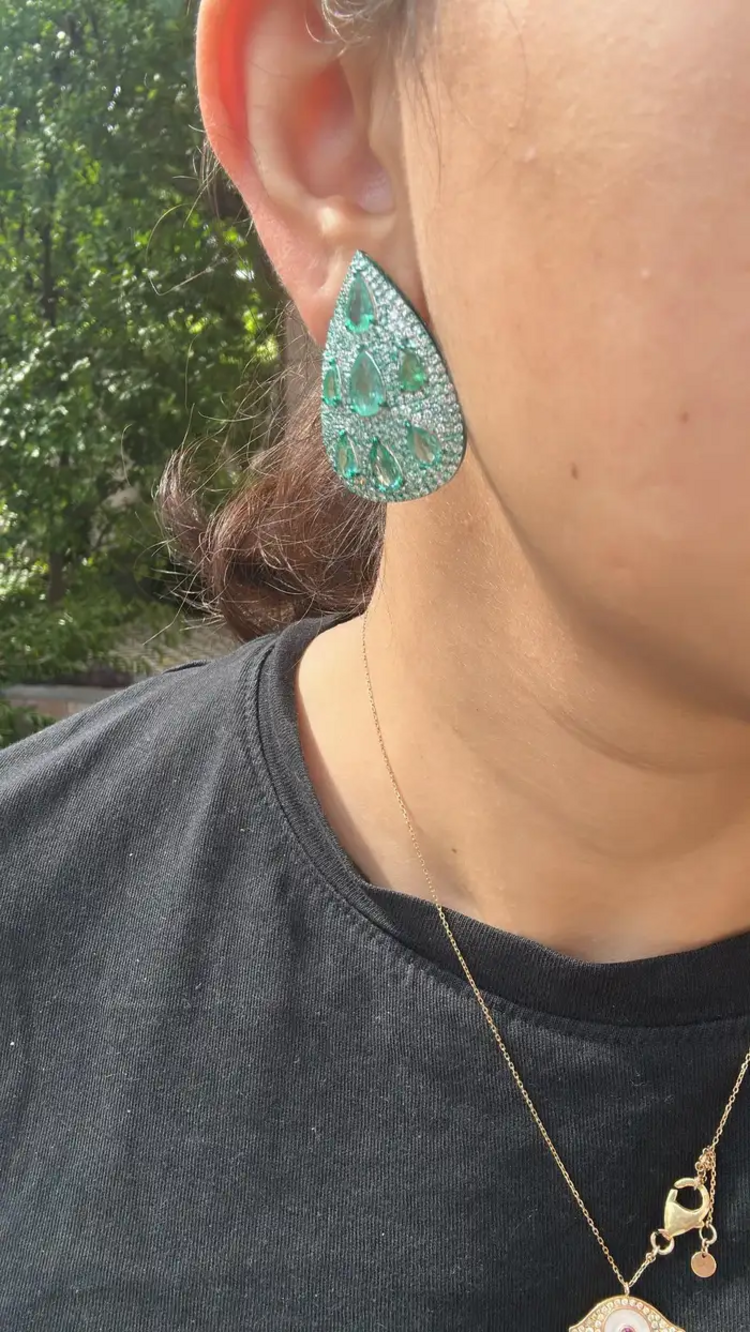 Natural Zambian Emerald & Diamond Pear Shape Earrings - 18k White Gold Earrings With Green Rhodium
