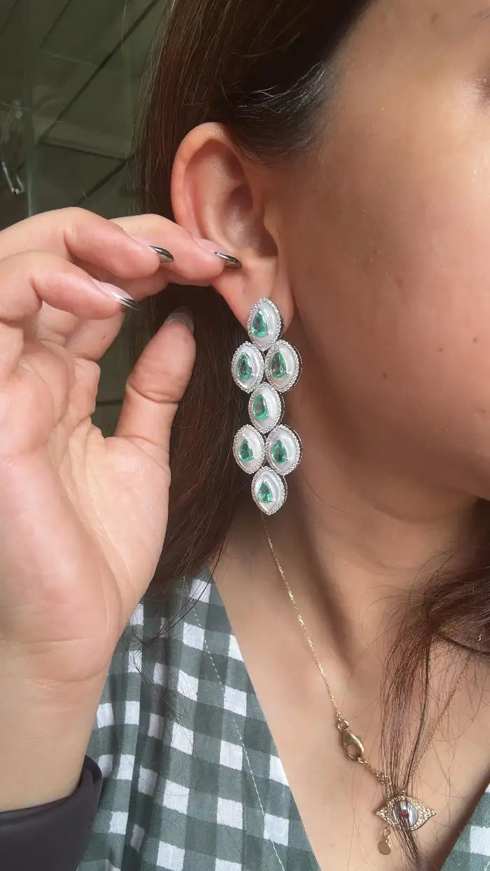 18k White Gold Handmade Chandelier Earring - Natural Colombian Emerald & Mother of Pearl Earrings