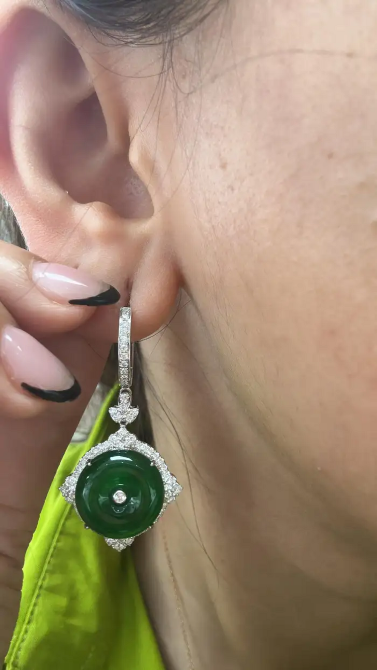 18k White Gold HKJSL Certified, Fei Cui Jade & Diamonds Dangle Earrings