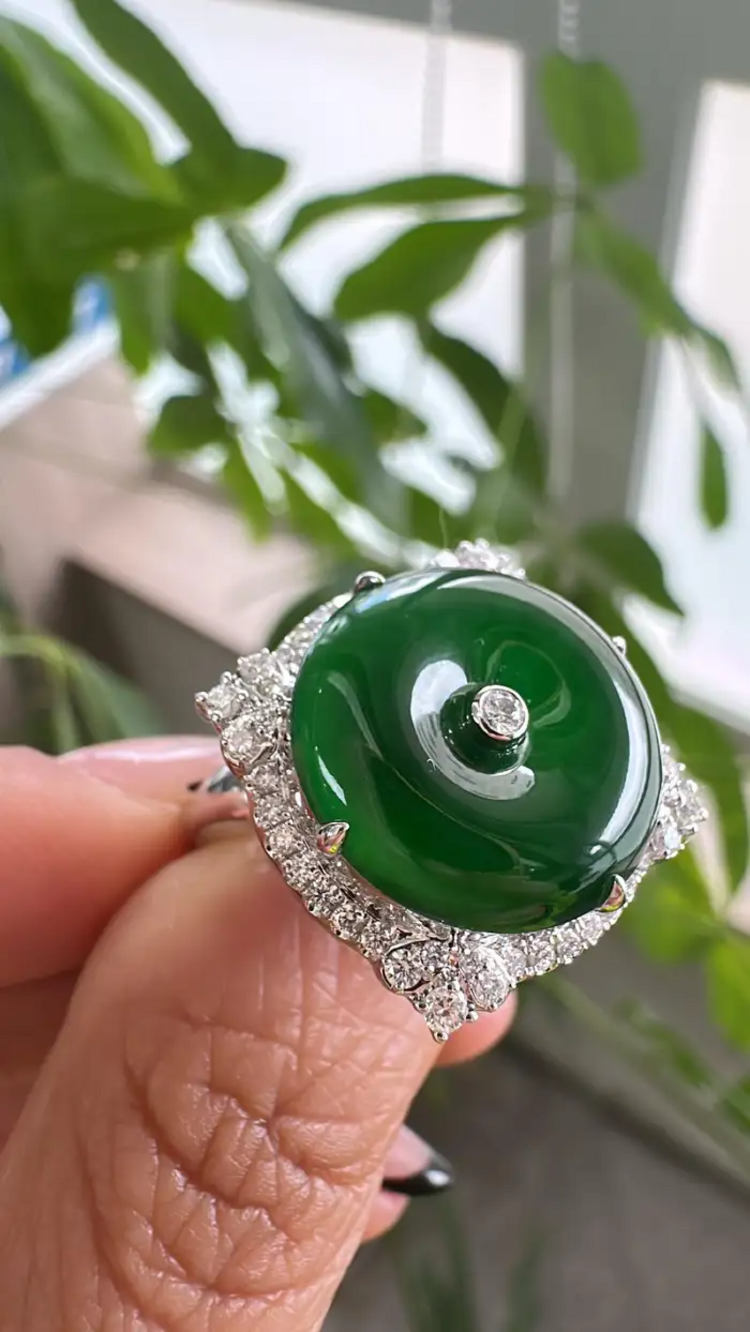 Jadeite Jade & Diamonds Engagement Ring - 18k White Gold Diamond Ring
