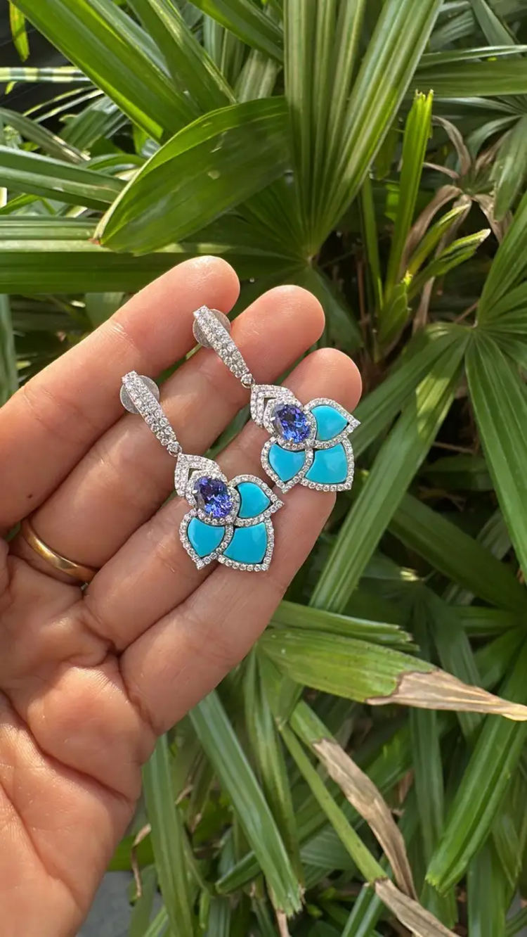 18k White Gold Turquoise & Tanzanite Dangle Earrings - Natural Diamond Earrings