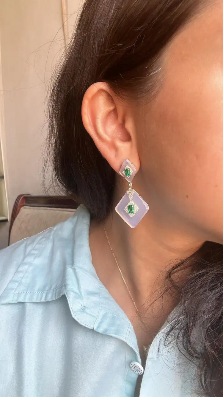 18k Yellow Gold Dangle Earrings - Natural Emerald & Rock Crystal Statement Earrings - Gold Diamond Women Earrings