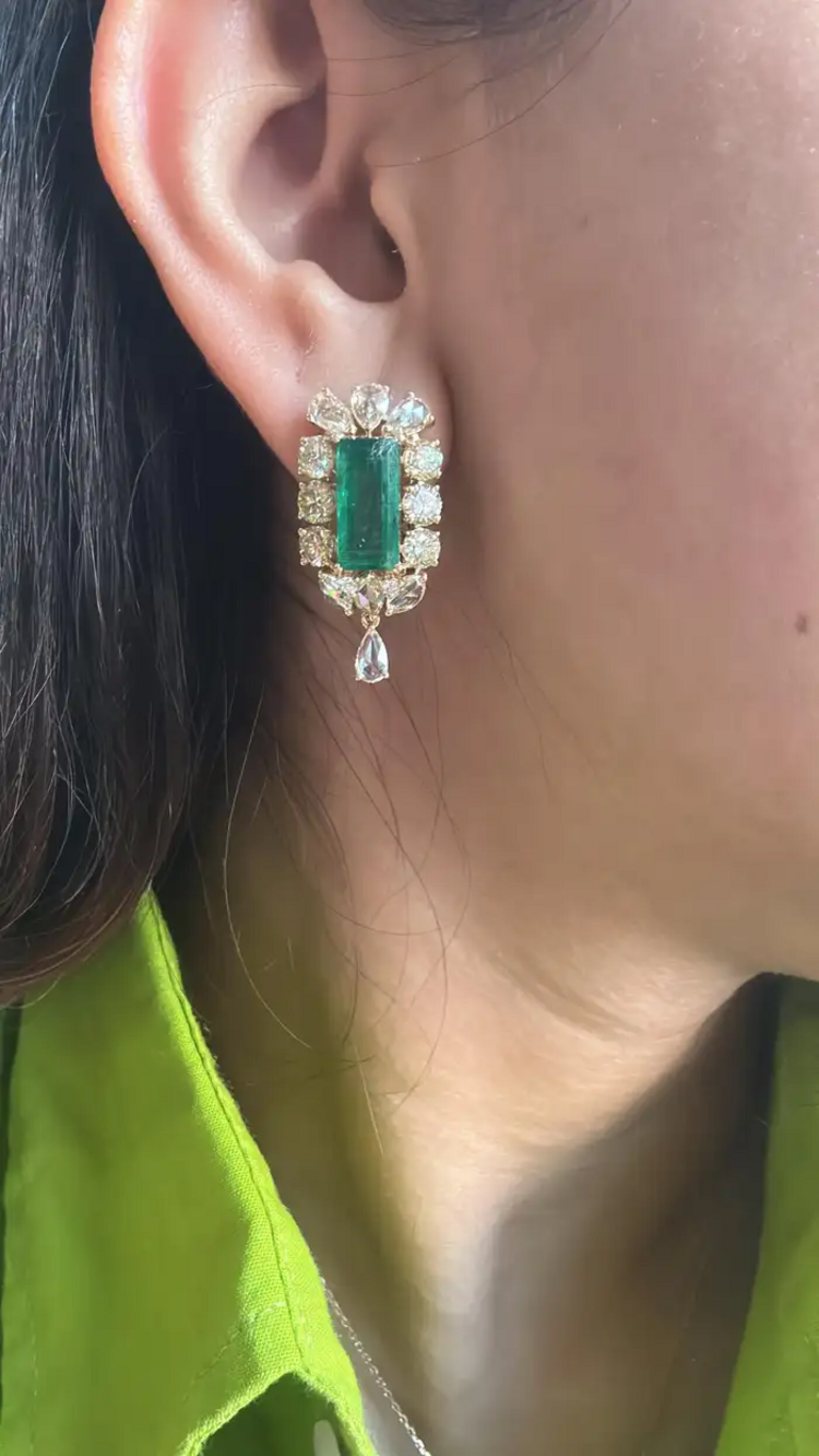 Natural Zambian Emerald & Yellow Rose Cut Diamond Earrings - 18k Yellow Gold Women Jewelry