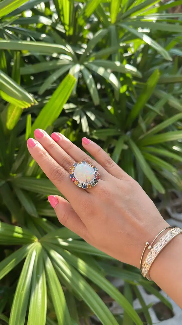 Natural Ethiopian Opal 18k White Gold Statement Ring - Ceylon Multi Sapphire & Diamond Wedding Ring
