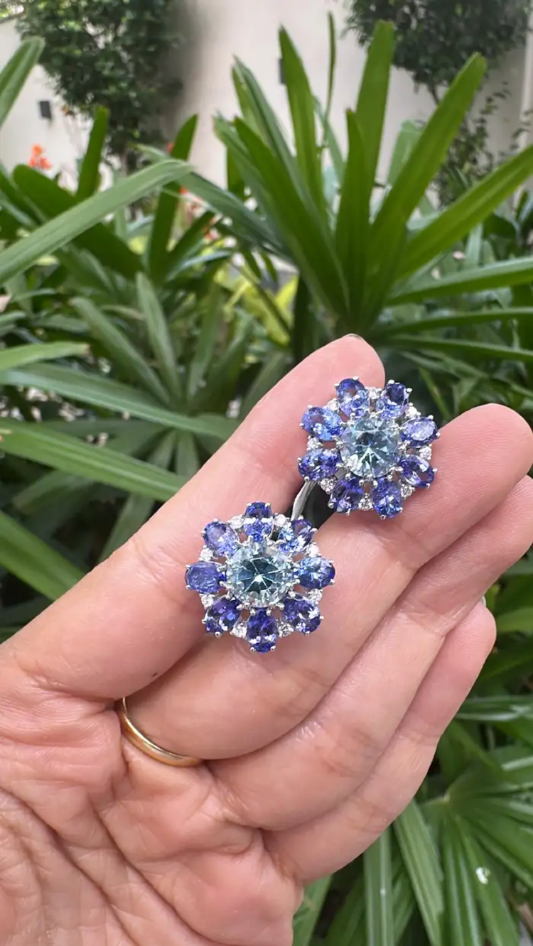 Natural Aquamarine & Tanzanite Gemstone Stud Earrings - 18k White Gold Diamond Handmade Earrings