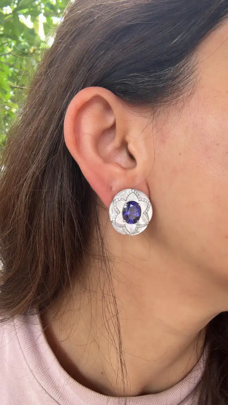Natural Tanzanite & Mother Of Pearl Stud Earrings - 18k White Gold Diamond Earrings