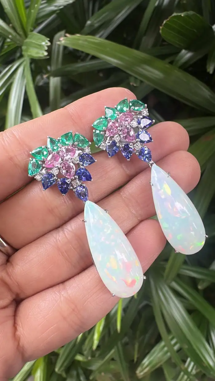 18k White Gold Diamond Dangle Earrings - Natural Zambian Emerald, Ethiopian Opal, Tanzanite & Pink Sapphire Earrings