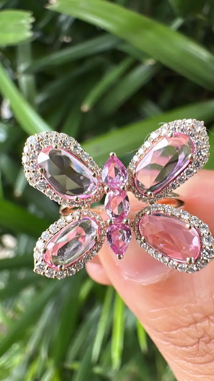 18k Rose Gold Butterfly Ring - Ceylon Pink Sapphire & Diamond Engagement Ring