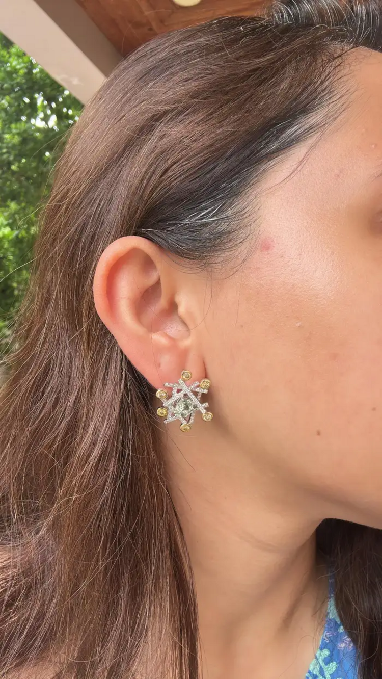 18k White Gold Handmade Stud Earrings With Yellow Diamonds - Natural Blue & Green Sapphire Stud Earrings