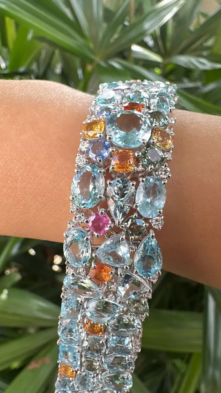 18k White Gold Diamond Statement Bracelet - Natural Aquamarine & Multi Sapphire Bracelet