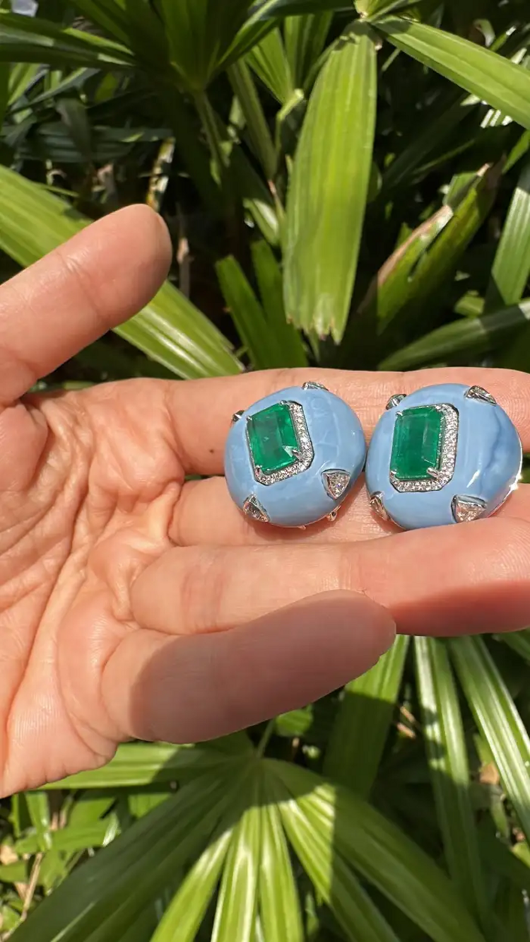 Natural Zambian Emerald & Blue Opal Stud Earrings - 18k White Gold Diamond Earrings