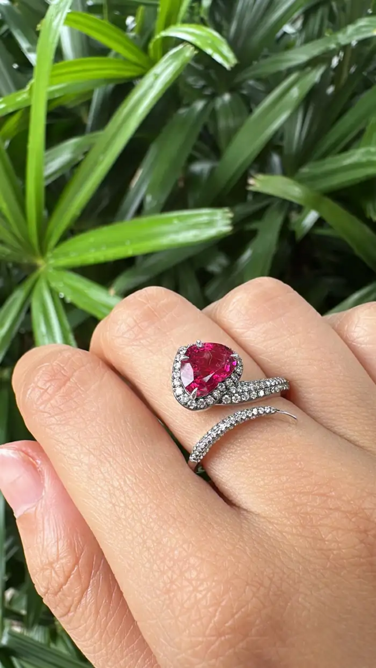 18k White Gold Diamond Ring - Natural Rubellite Gemstone Engagement Ring