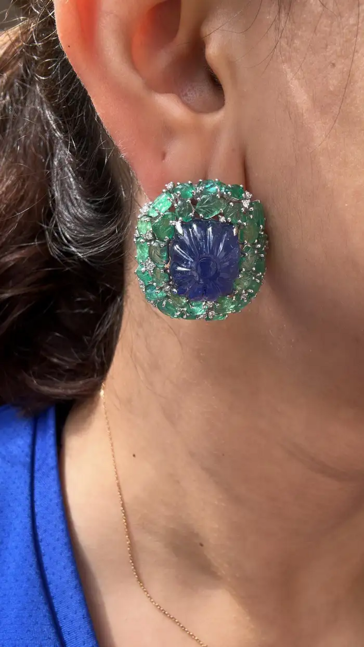 18k White Gold Diamond Stud Earrings - Hand Carved Tanzanite & Zambian Emerald Earrings