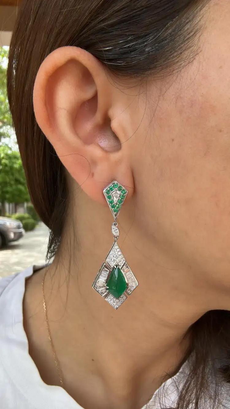 Natural Zambian Emerald Dangle Earrings - 18k White Gold Diamond Handmade Earrings