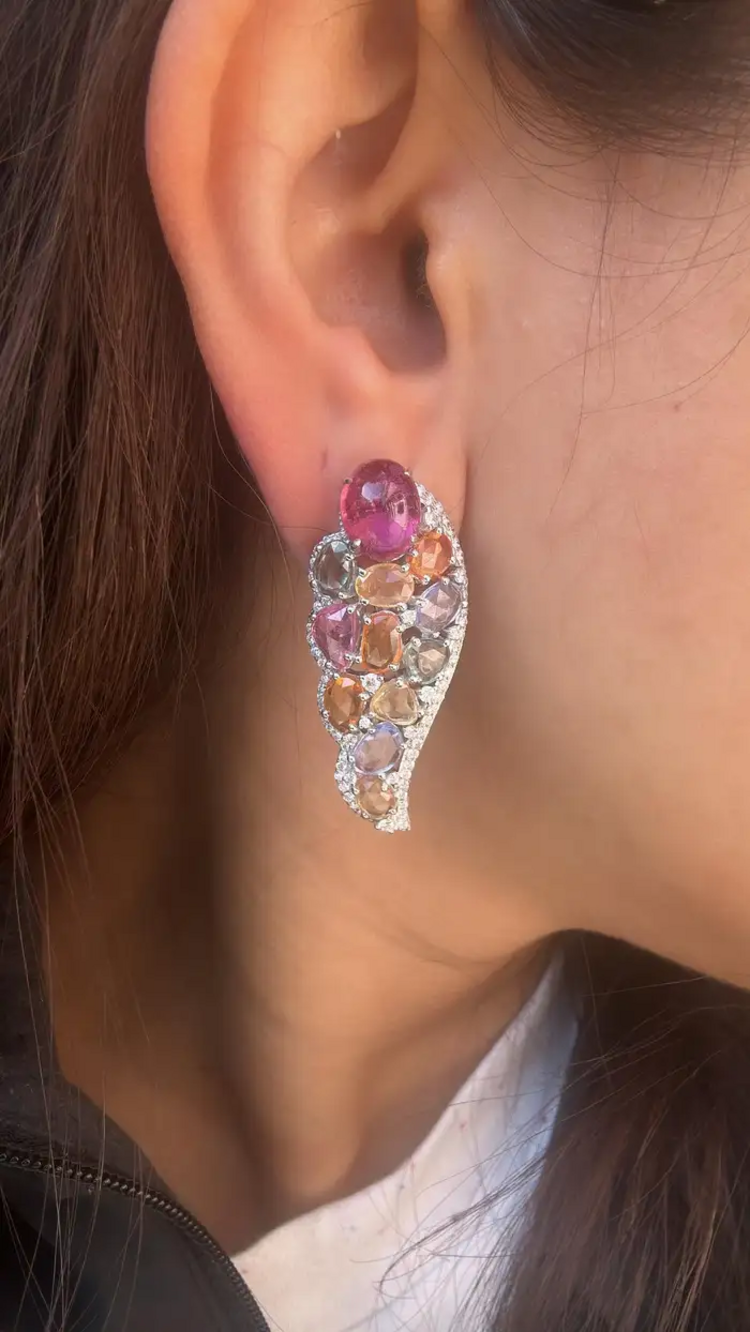 Natural Multi Sapphire & Tourmaline Gemstone Earrings - 18k White Gold Diamond Earrings