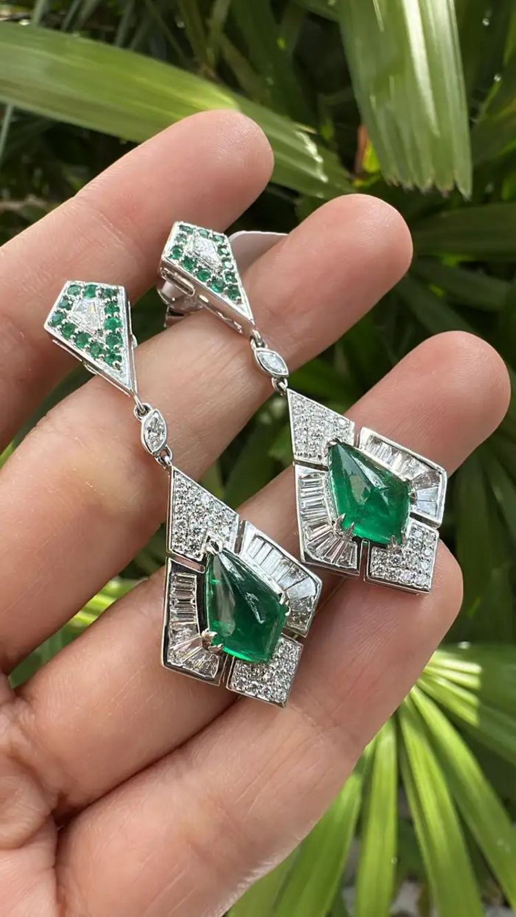Natural Zambian Emerald Dangle Earrings - 18k White Gold Diamond Handmade Earrings