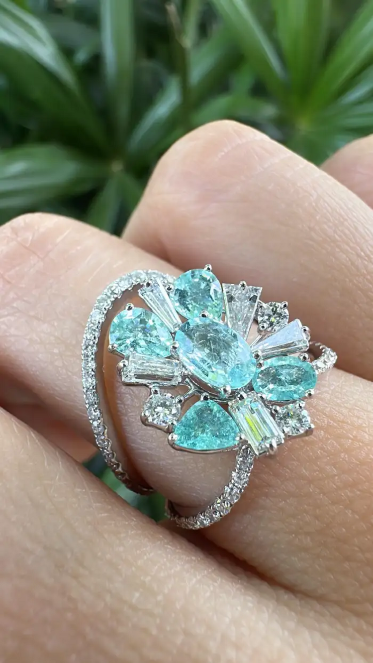 18k White Gold Diamond Engagement Ring - Natural Paraiba Tourmaline Ring