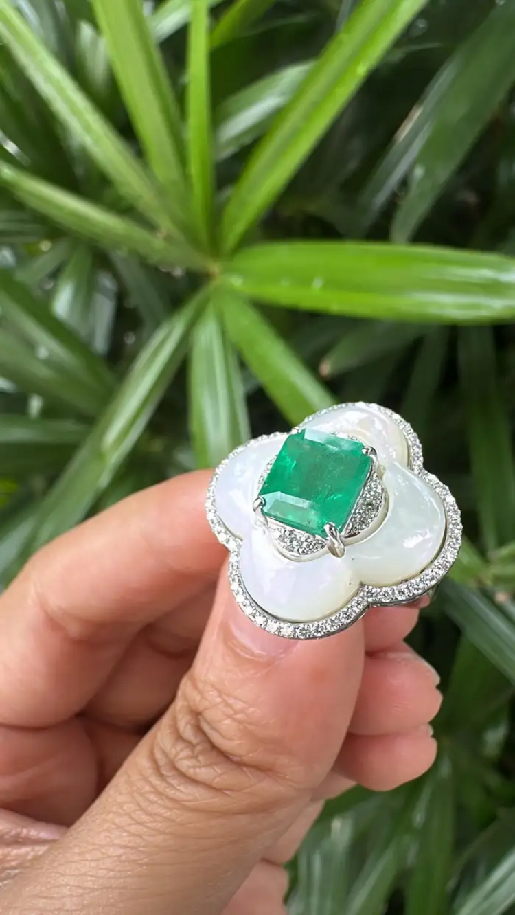Natural Zambian Emerald Gold Ring - 18k White Gold Diamond & Mother Of Pearl Wedding Ring