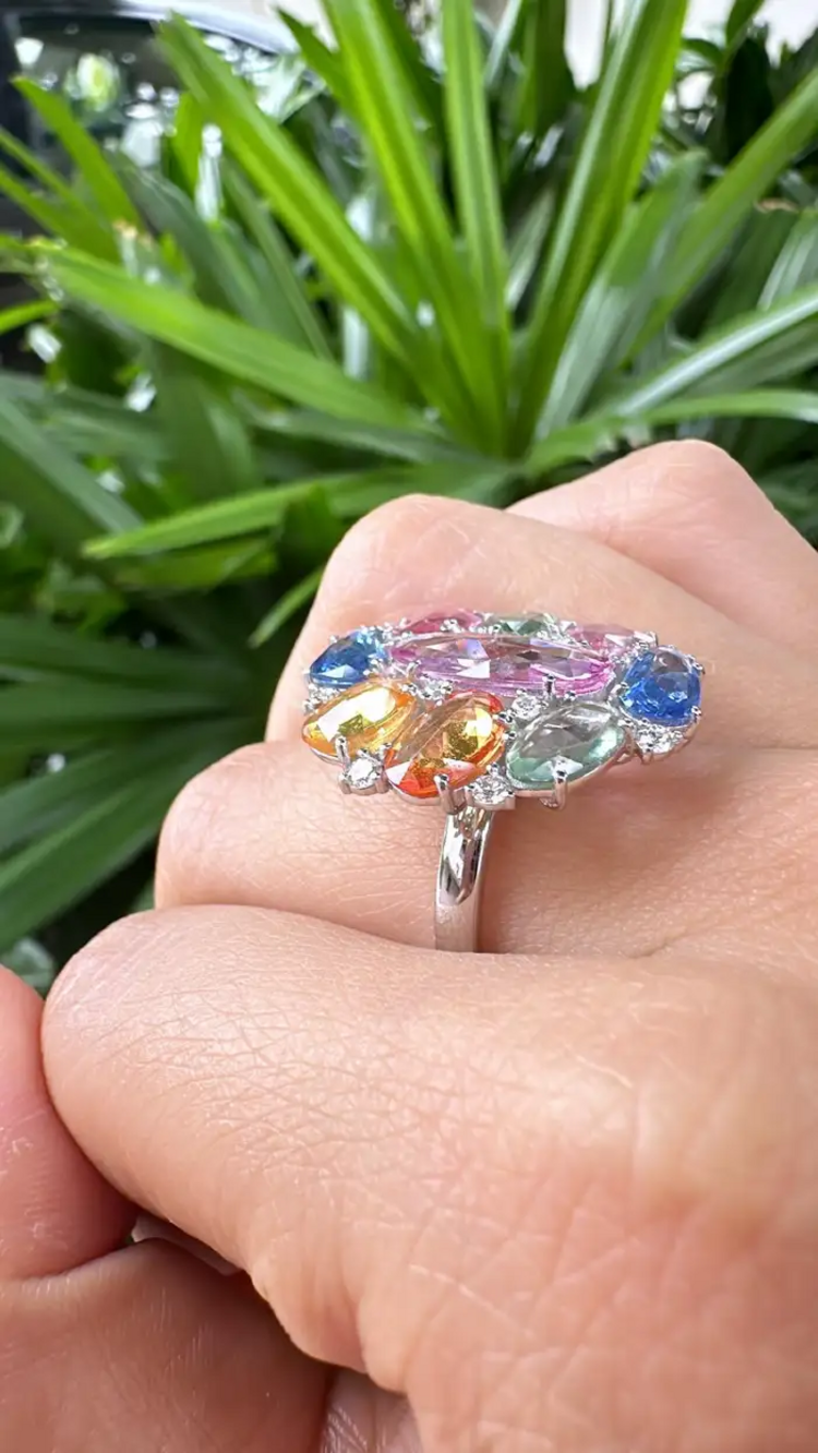 Multi Sapphire Gold Ring - 18k White Gold Handmade Cocktail Ring - Women Gold Diamond Ring