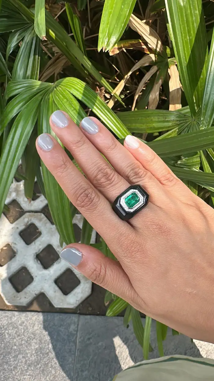 18k White Gold Diamond Ring - Natural Zambian Emerald & Black Onyx Wedding Ring